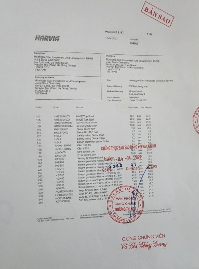 Giấy CO các hãng máy xông hơi Harvia nhập khẩu