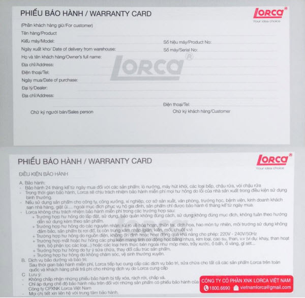 Phiếu bảo hành của Lorca