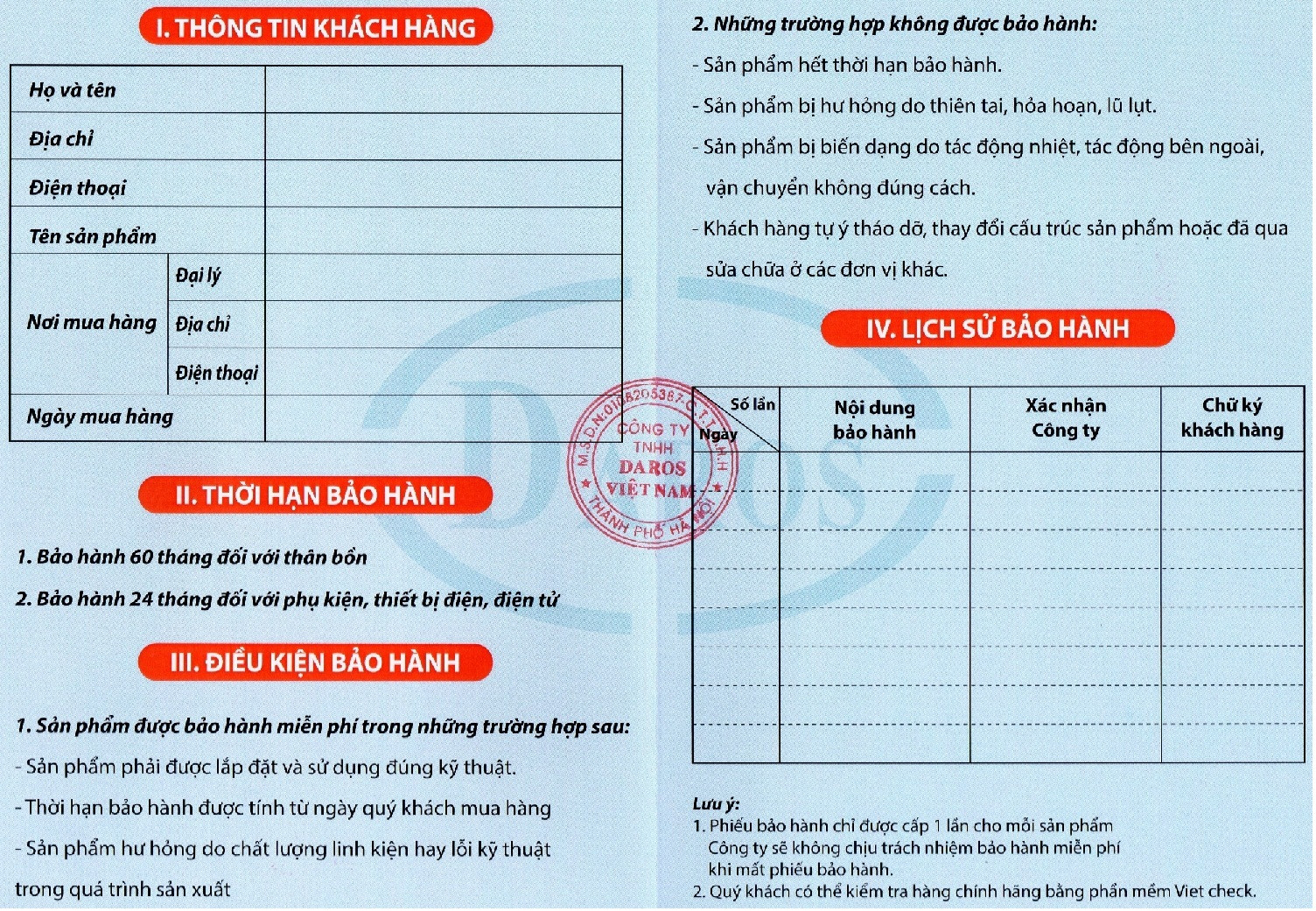 Phiếu bảo hành chính hãng phòng xông hơi