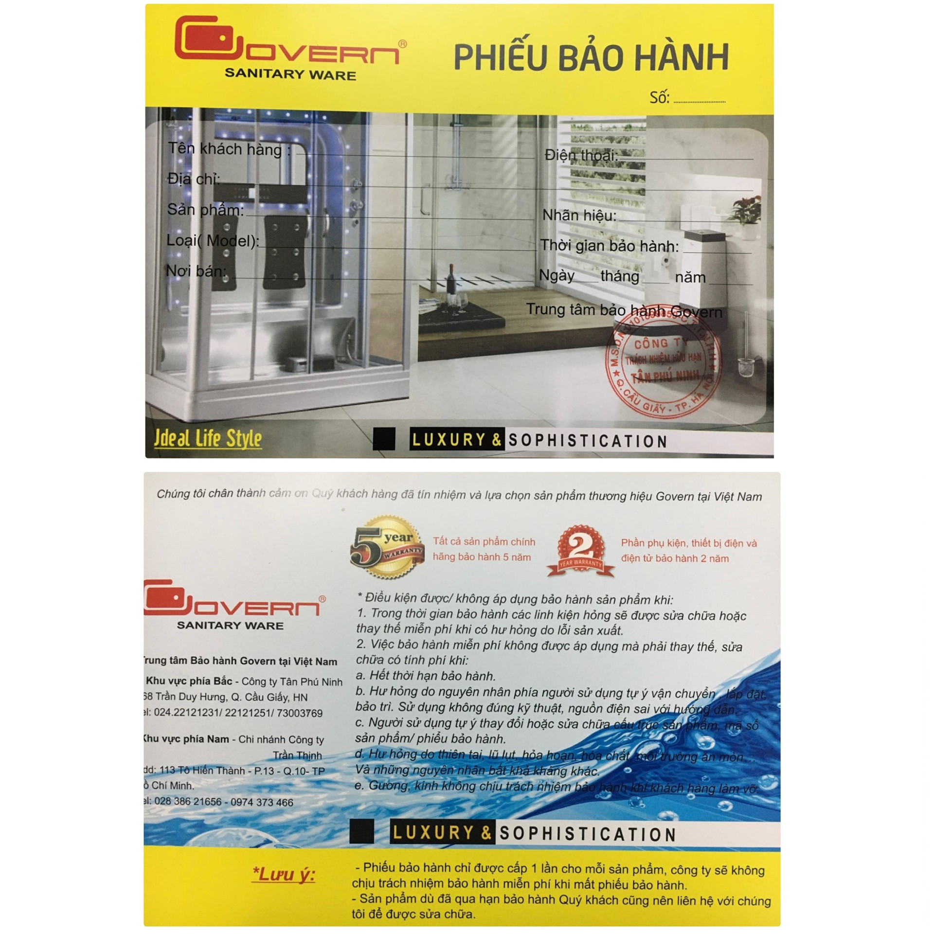 Phiếu bảo hành chính hãng phòng xông hơi
