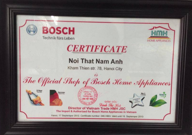giấy chứng nhận của  bosch