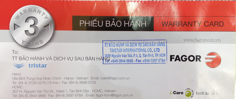 phiếu bảo hành của bếp